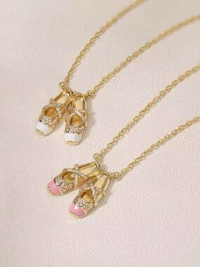 Gold Ballet Shoe Pendant Necklace with Pink or White Enamel